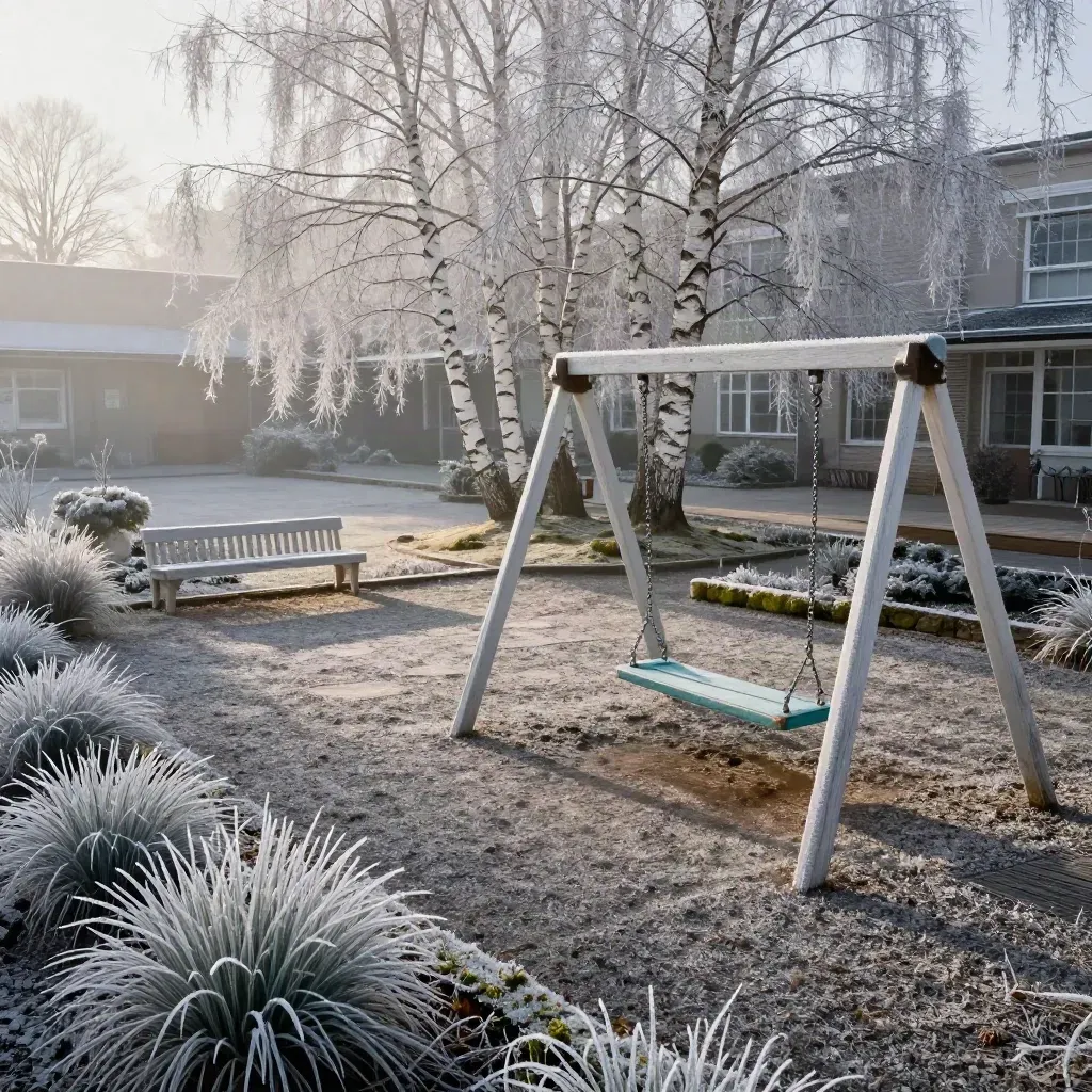 Frostig skolgård och seniorträdgård med gunga, bänk och björkar i gryning
