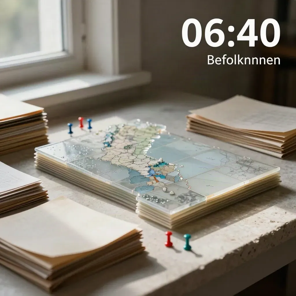 Translucenta Sverigedelar, mappar och pinnar på en ljus stenplint i mjukt morgonljus.