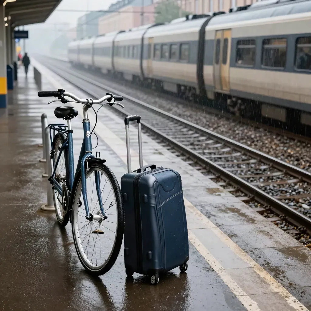 Regnig Stockholmsplattform med cykelställ, resväska och inkommande tåg