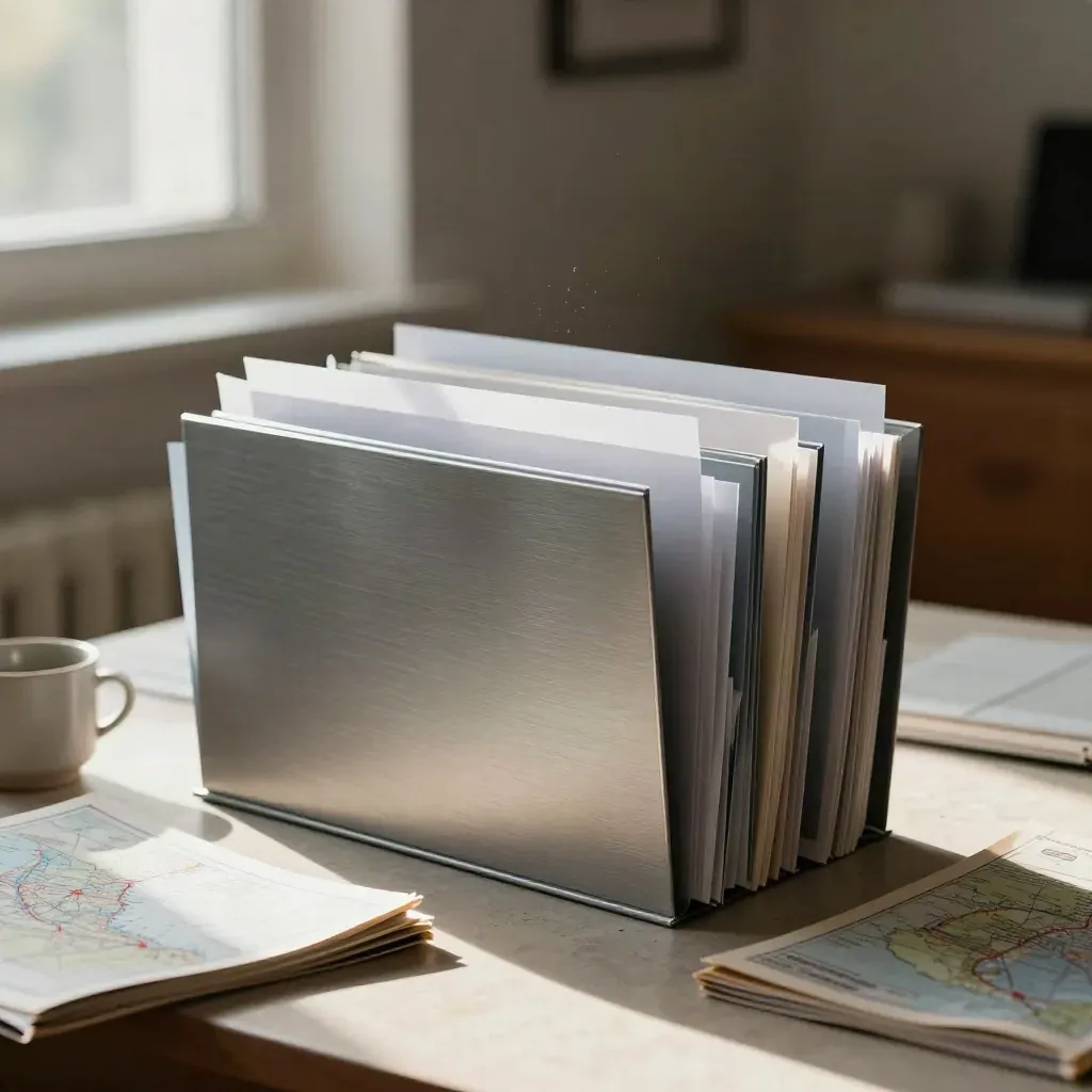 Statistikbord med mappar, atlas och kopp i mjukt morgonljus