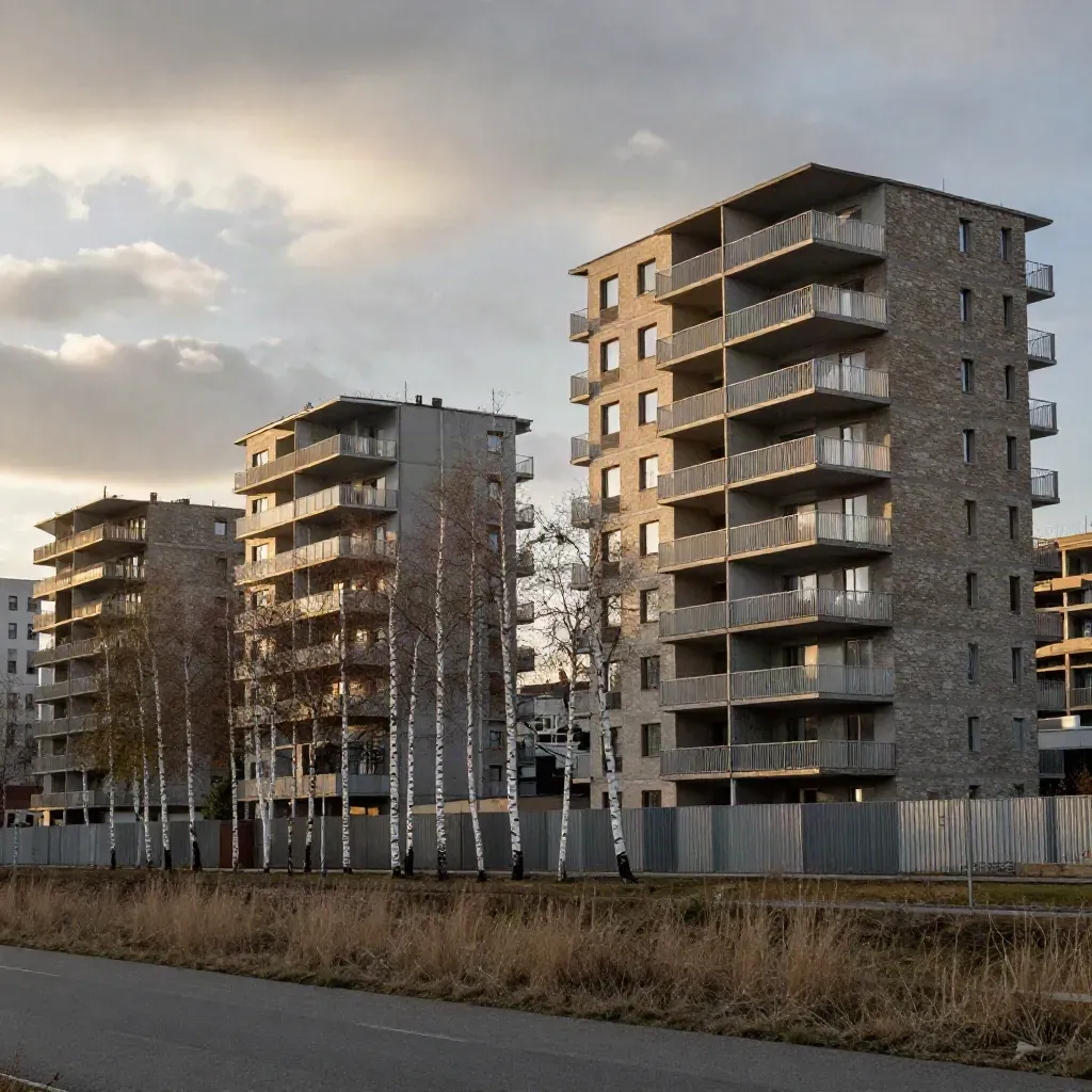 Nya lägenhetshus vid stadens kant med kranar, björkar och gyllene kvällsljus.
