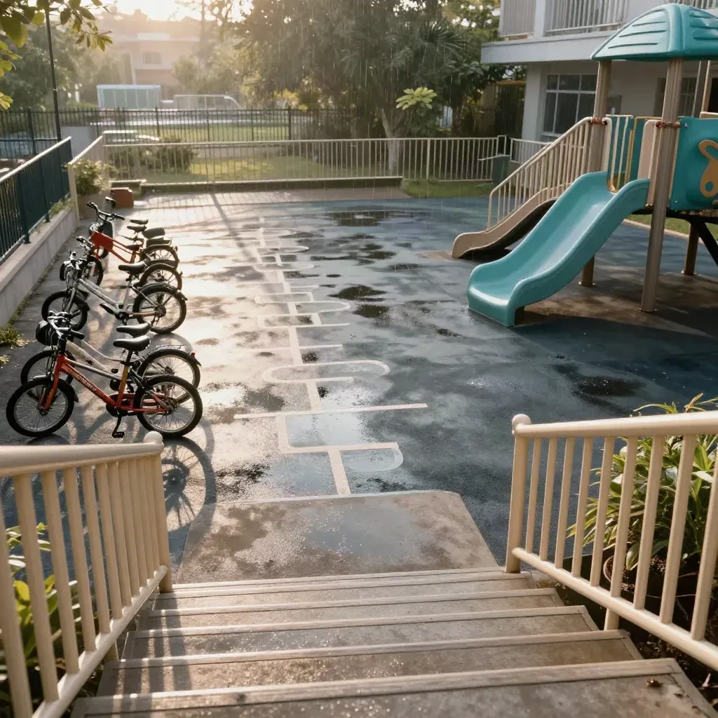Tom skolgård med blött hopphagegolv, små cyklar och en färgglad rutschkana efter regn.