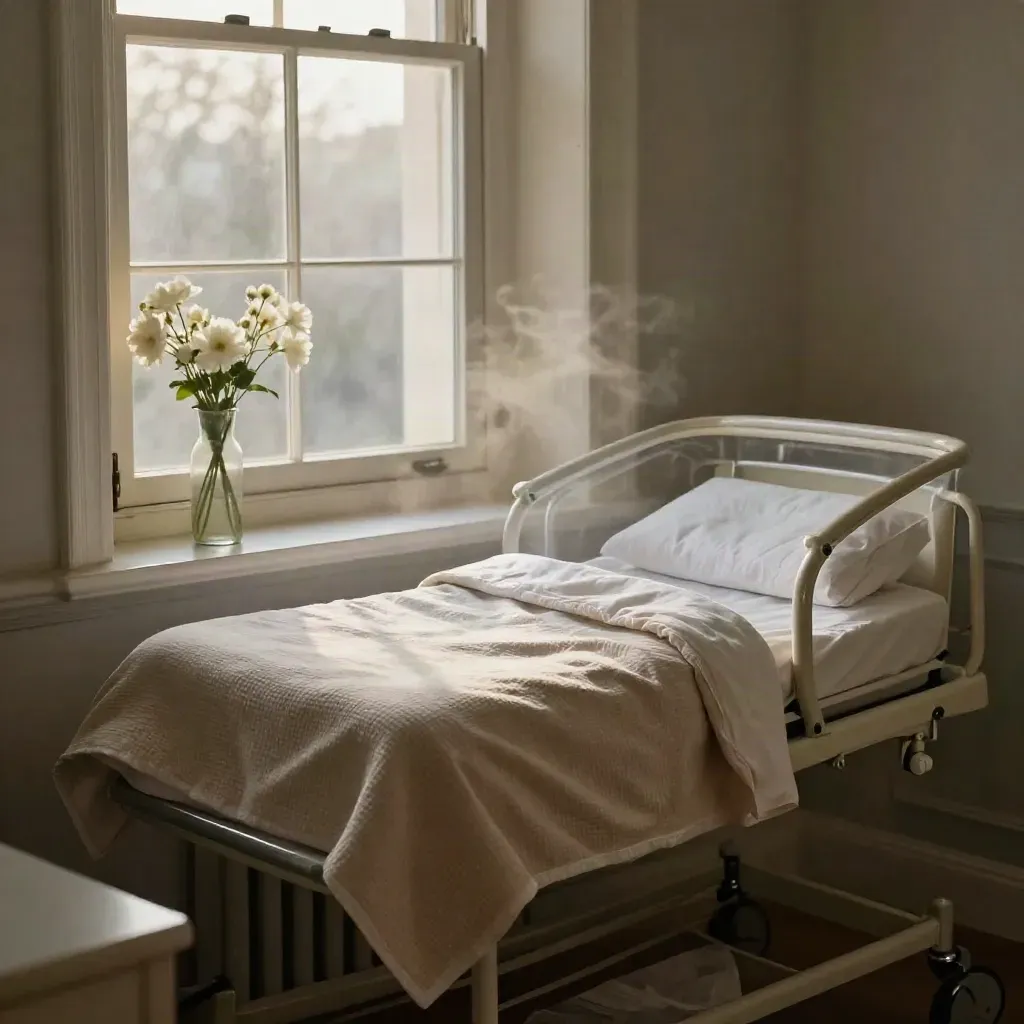 Mjuk morgonljus i en förlossningsavdelning med vagga, filt och vita blommor.