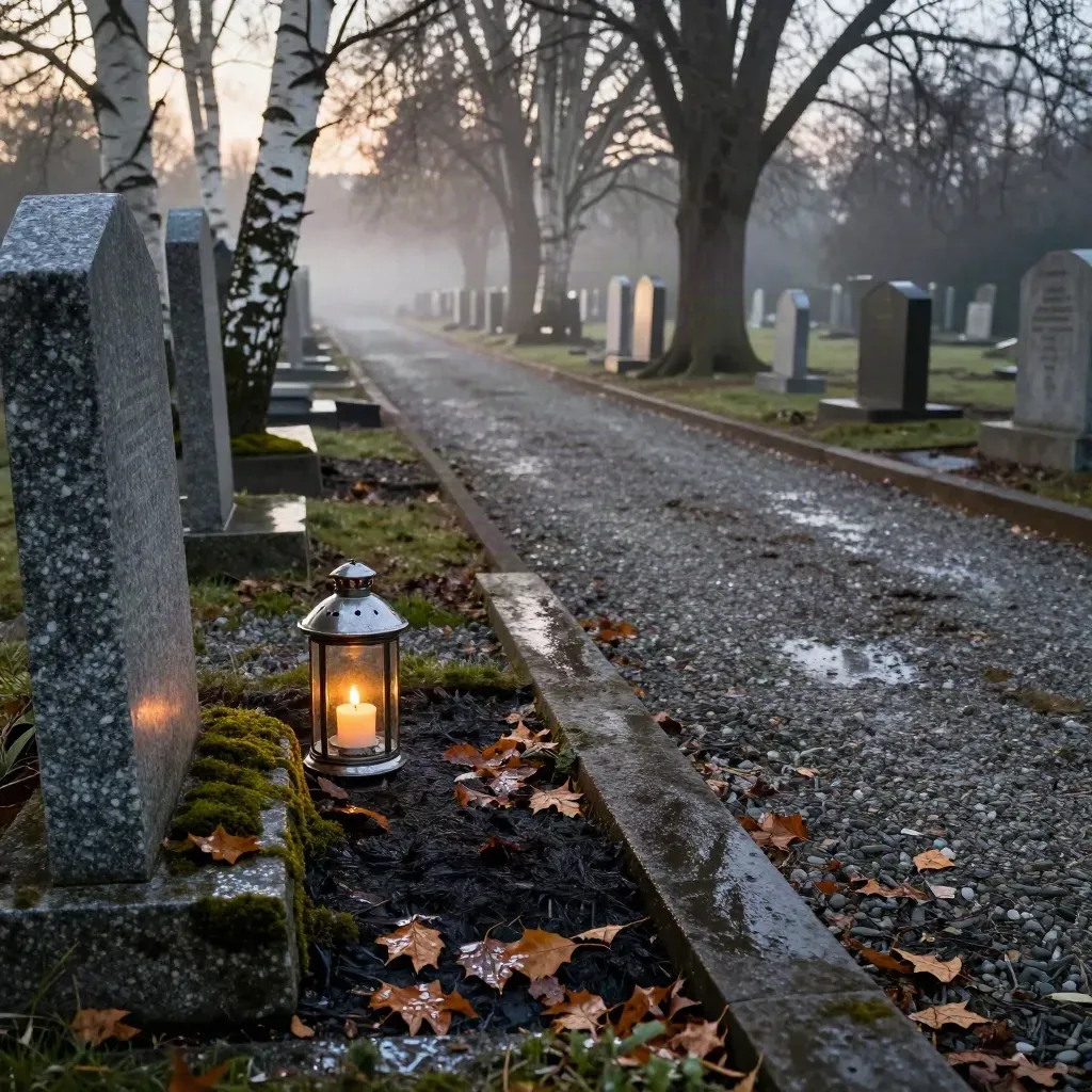 Kyrkogårdsgång med granitstenar, lykta och björklöv i skymning och dimma