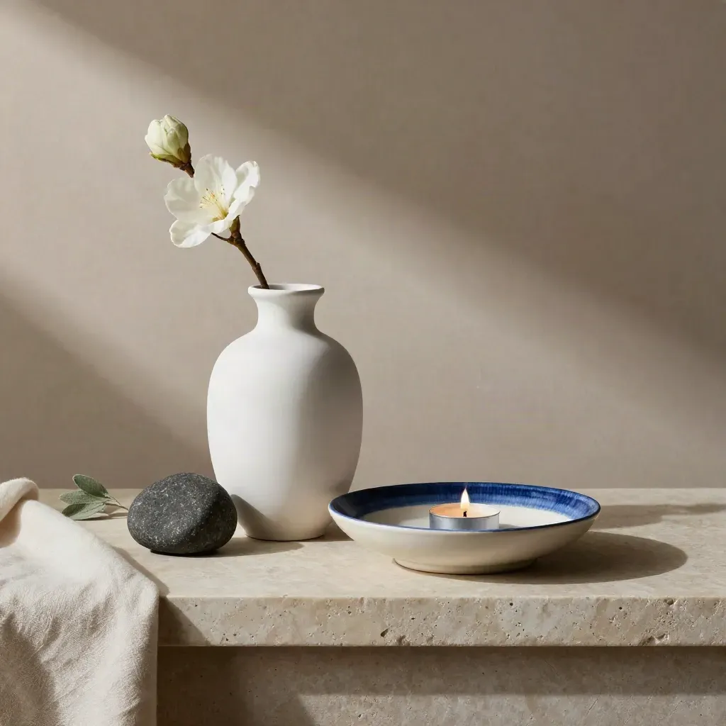 Vit budvas med blomma, mörkt votivljus och skål på ljus stenhylla.