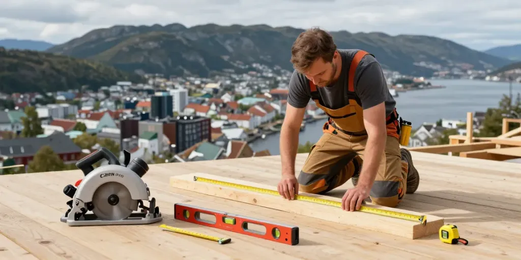 Bygg Bergen carpenter working on a wooden deck in scenic backdrop